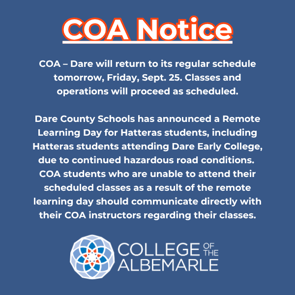 COA Dare Inclement Weather Notice for Friday, September 25th.
