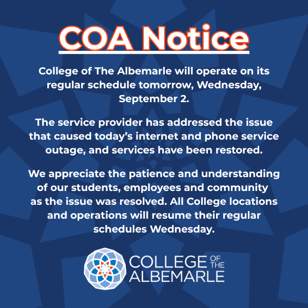 Internet and Phone Outage Resolved Notice for College of The Albemarle