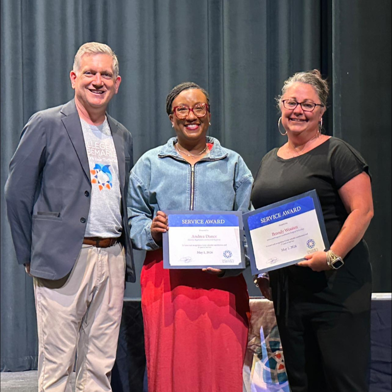 Recipients of Fifteen-Year Service Awards are pictured with Dr. Jack Bagwell, COA President (from left): Andrea Dance and Brandy Wooten. Not pictured: Tammy Kelly and Derek Meredith.