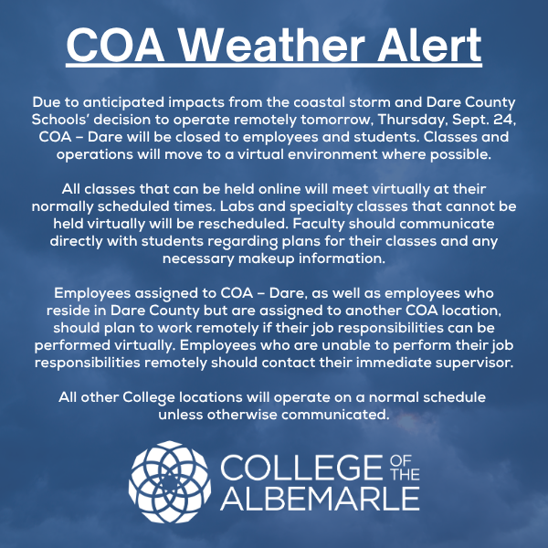 COA Dare Inclement Weather Notice for Thursday, September 24th.