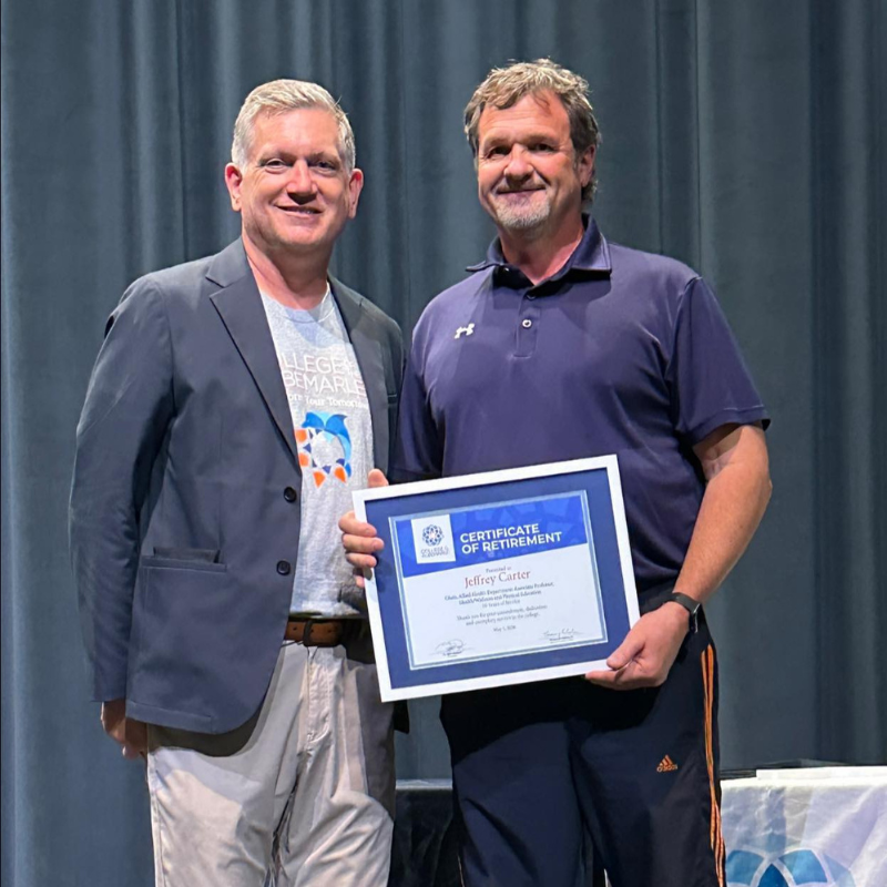 Jeffrey Carter, retiring after 30 years of service to COA, is pictured with Dr. Jack Bagwell, COA President. Carter served as Chair of Allied Health and Associate Professor of Health, Wellness and Physical Education.