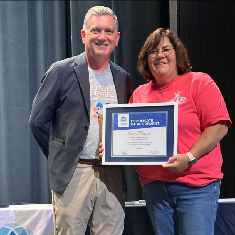 Paulette Wagner, retiring after 4 years, 5 months of service to COA, is pictured with Dr. Jack Bagwell, COA President. Wagner served as Associate Professor of Mathematics.