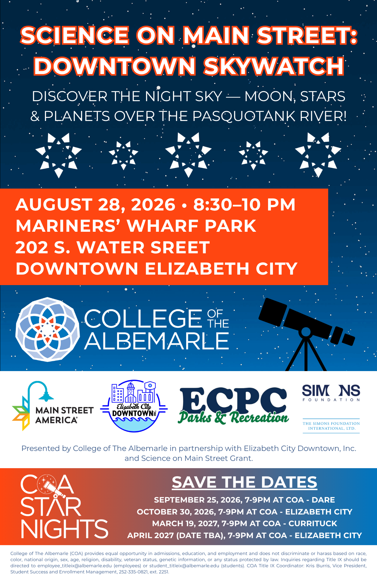 Poster of the Science on Main Street: Downtown Skywatch event in Elizabeth City taking place on August 28.