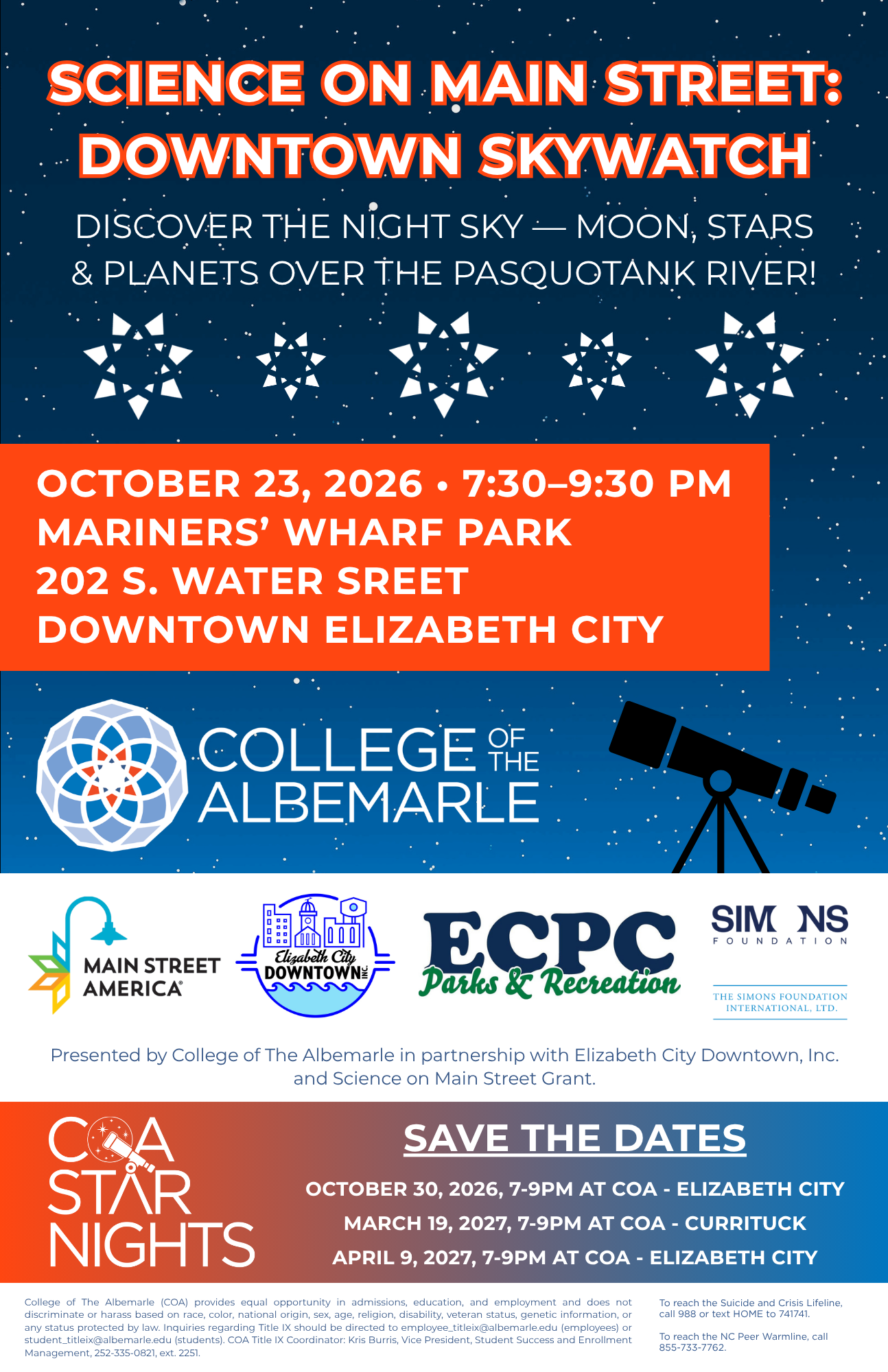 Science on Main Street: Downtown Skywatch Event Poster