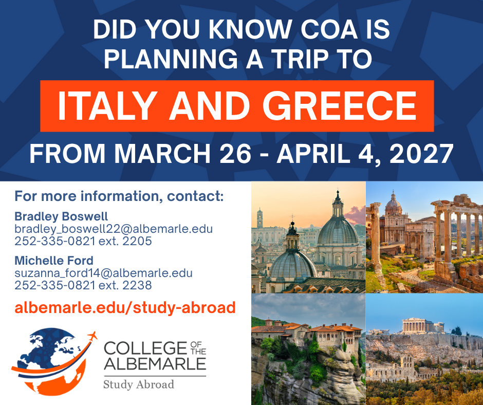 Advertisemtn teasing the April 2027 Study Abroad Trip to Italy/Greece.