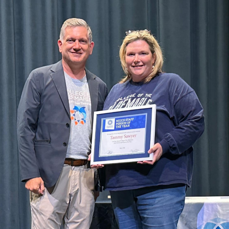 2026 North Carolina Community College System Staff Award nominee Tammy Sawyer is pictured with Dr. Jack Bagwell, COA President.