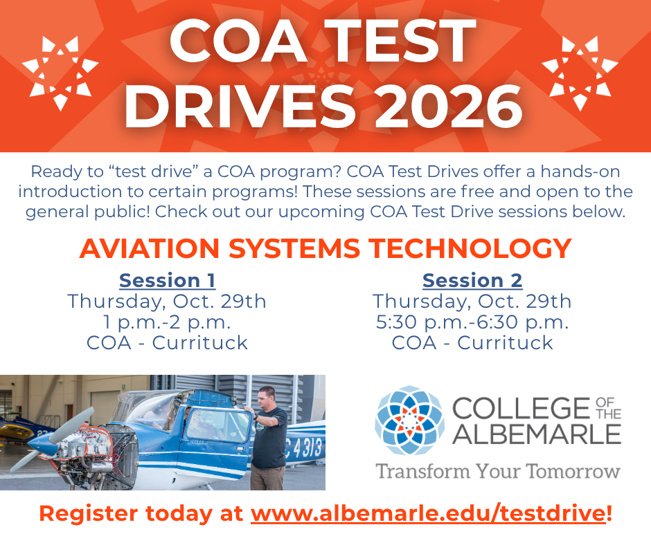 COA Test Drives 2026 offer free hands-on Aviation Systems Technology sessions on Oct 29 at College of The Albemarle Currituck campus.