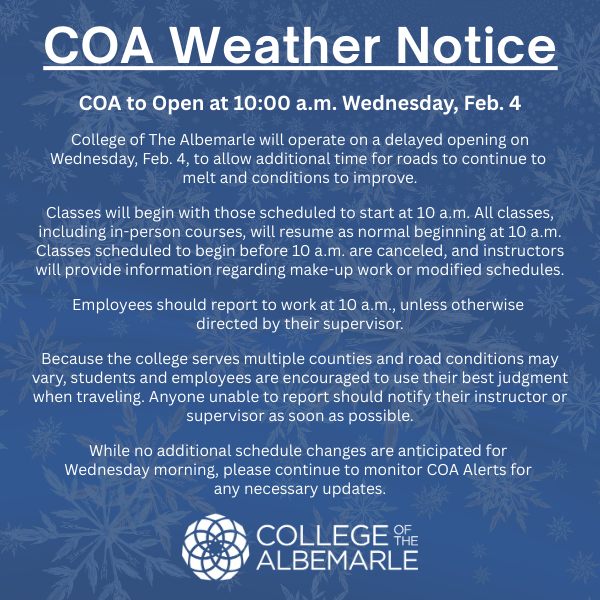 Winter Weather Notice for Wednesday, February 4th.